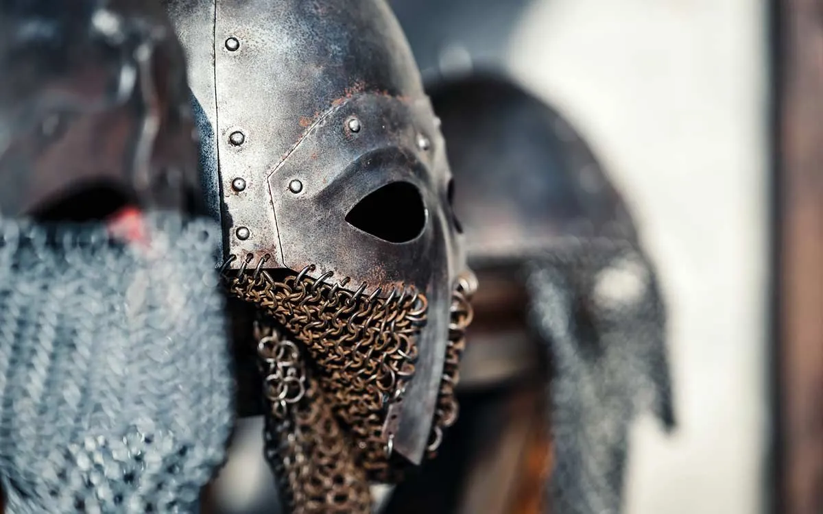 A close up image of a Viking helmet.