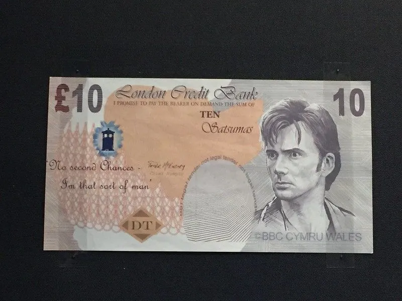 Doctor Who ten pound note with David Tennant's face.