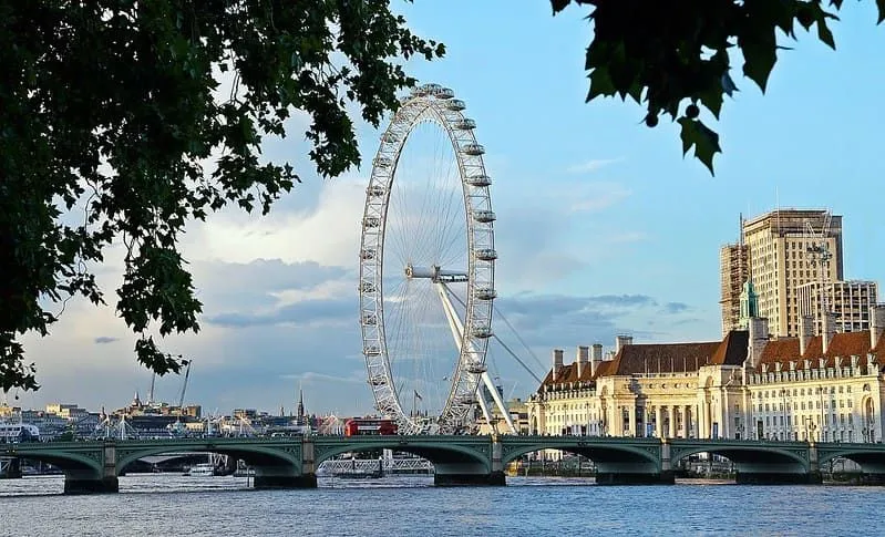 A view of the London Eye from the River Thames.