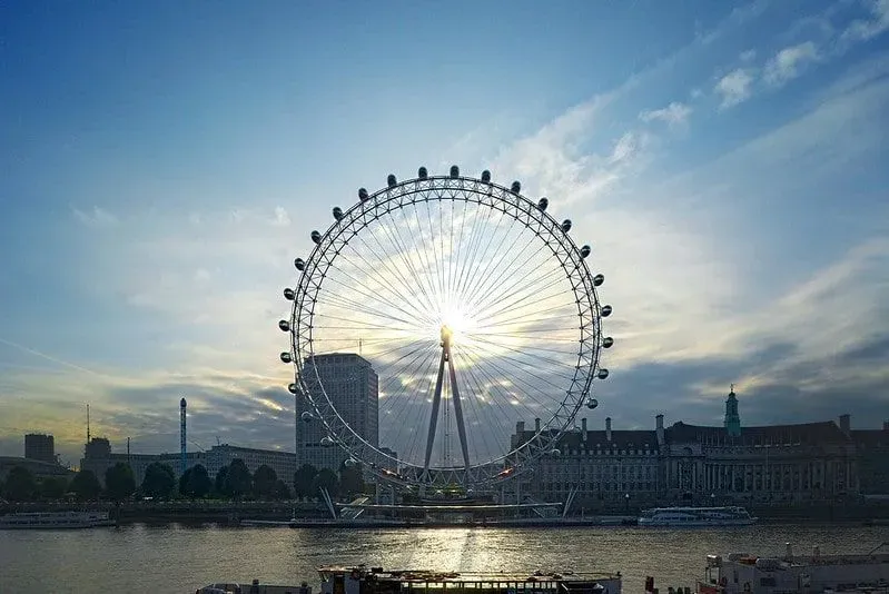 A view of the London Eye from the River Thames.