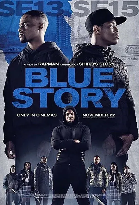 Film poster for Blue Story with two boys standing back to back against a blue and white background.