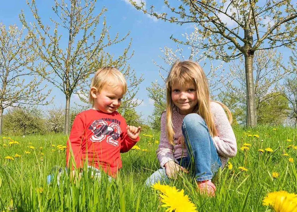 Two kids are standing in a field at spring time smiling at the camera, they are surrounded by flowers and blossom trees.