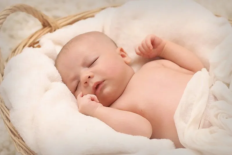 Cute newborn baby sleeping in a Moses basket with white, soft blankets and bedding.