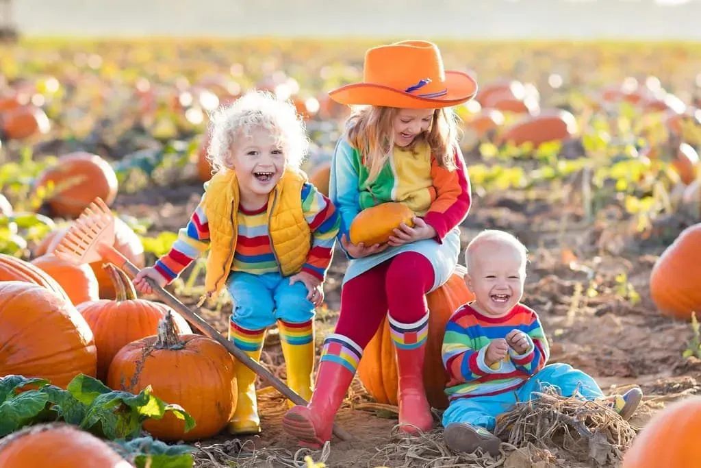 Small kids playing in a field of pumpkins enjoying themselves making pumpkin costumes.