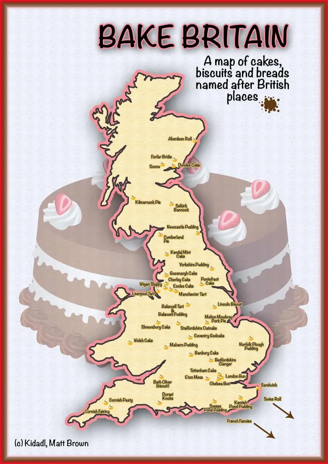 Kidadl's Bake Britain map of cakes and biscuits named after British places.