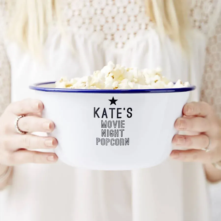 Personalised enamel coated popcorn bowl.