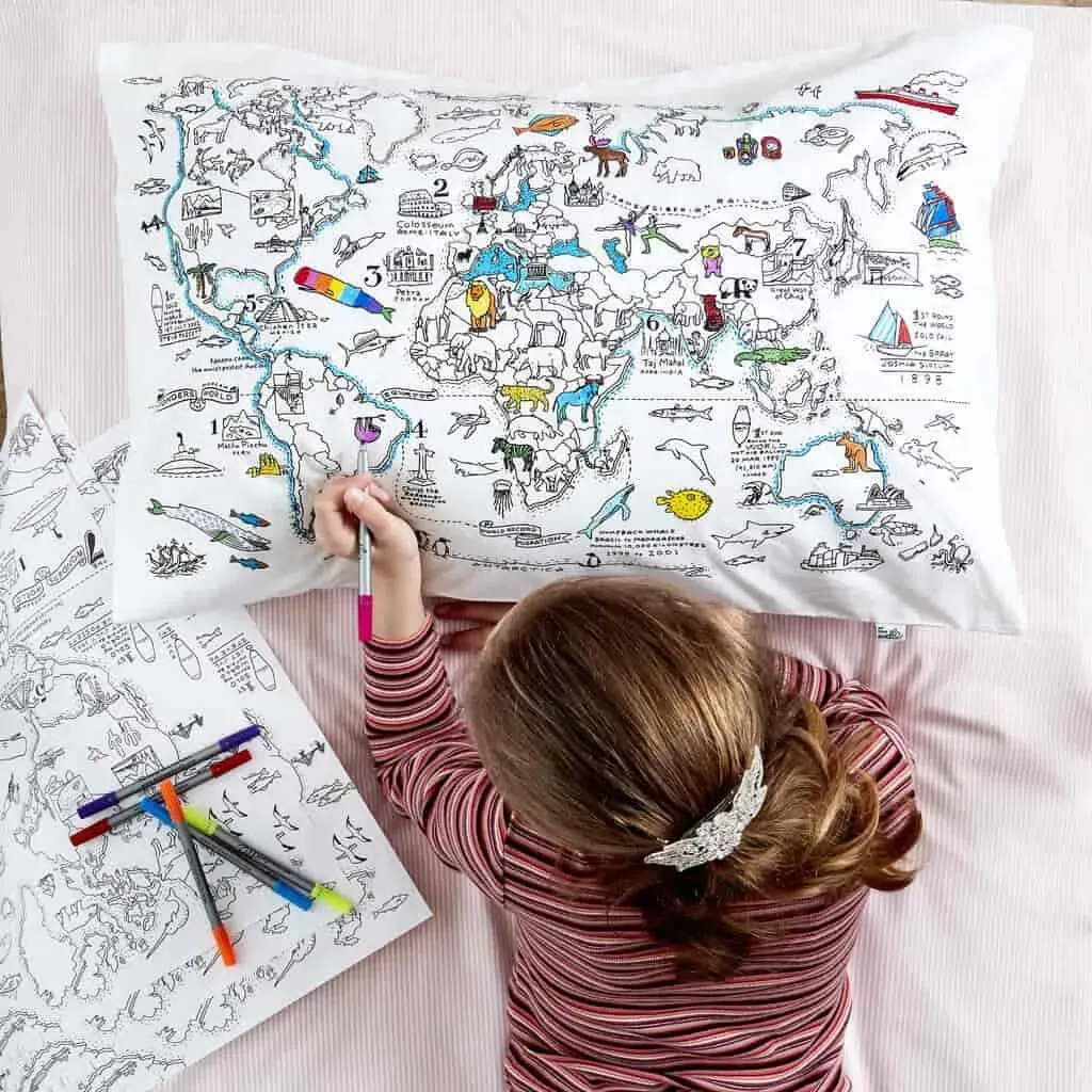 Colour in and learn on this world map pillowcase kit.