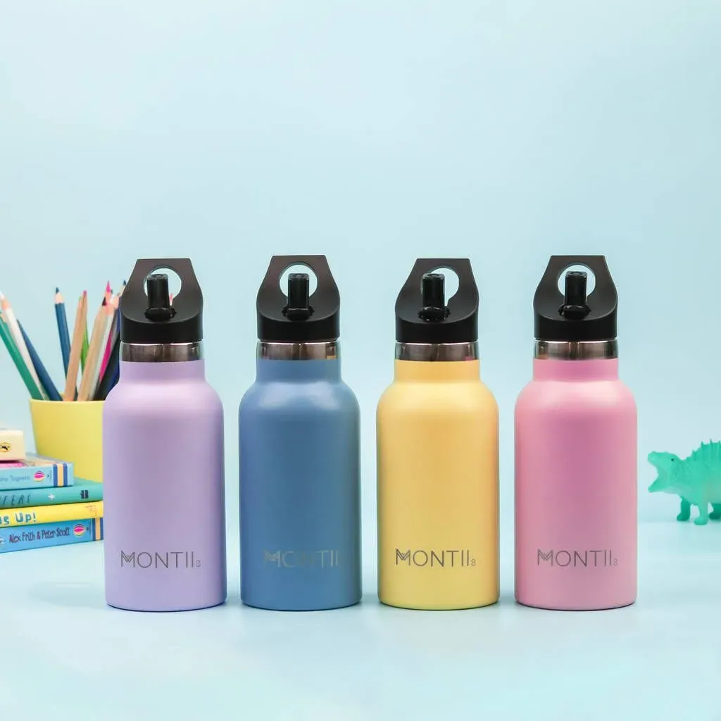Brightly coloured, stainless steel bottles for children.