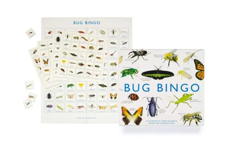 beautifully illustrated bingo game features 64 species of bugs.