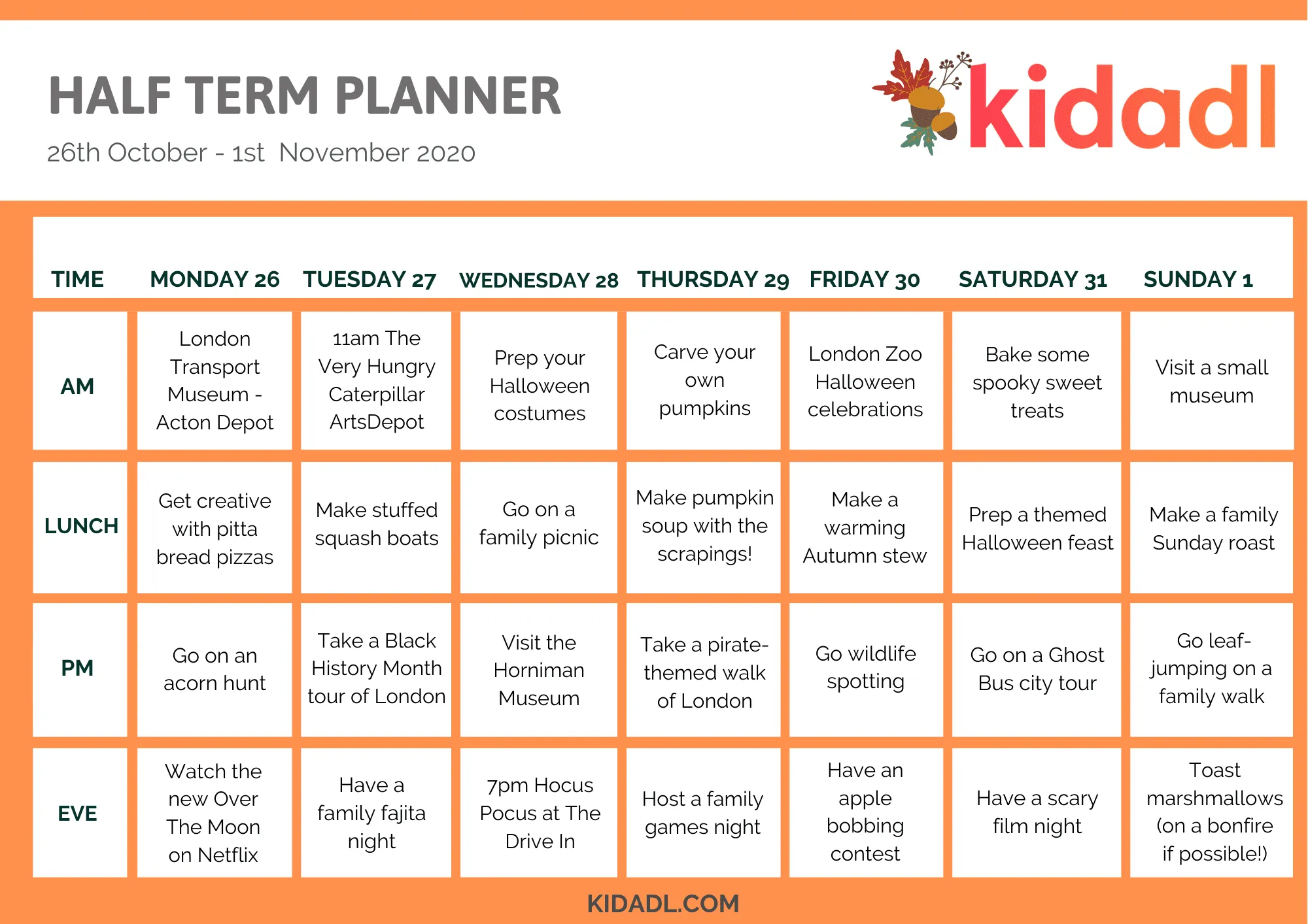 October Half Term Planner