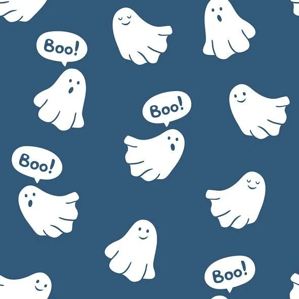 Illustration of cute floating white ghosts saying boo 