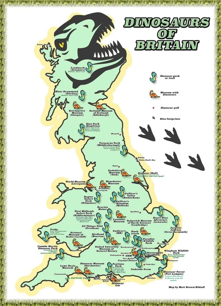 Kidadl's map of the Dinosaurs of Britain showing all the parks and trails and museums and other dinosaur activities.