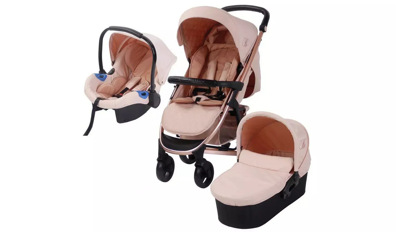 Elegant and fashionable 3 in 1 rose gold pushchair, bassinet , car seat and adaptor.