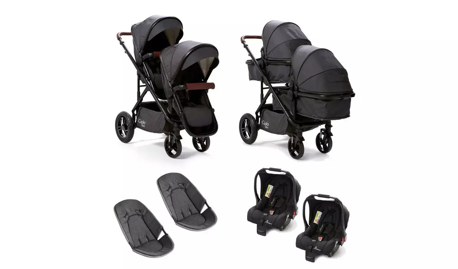 Adaptable and flexible plain black pushchair for twins.