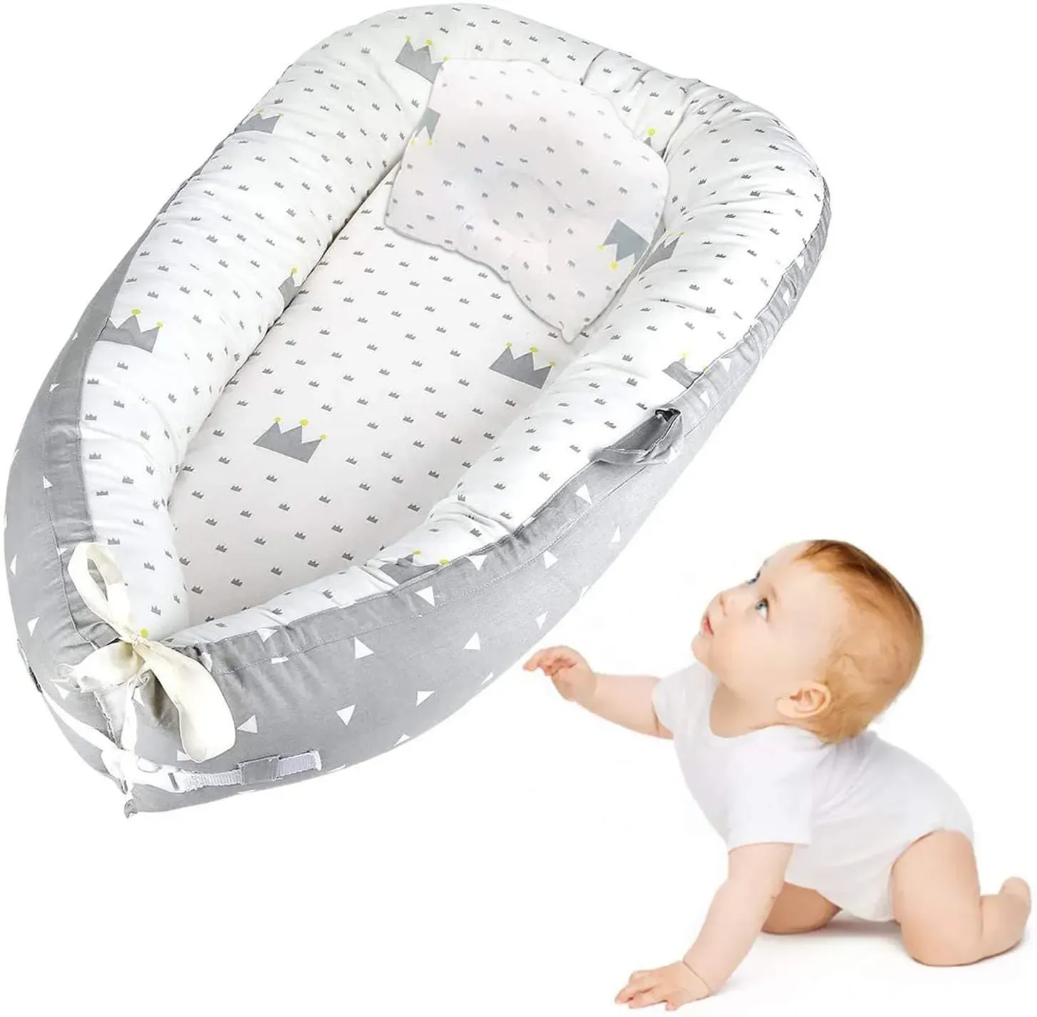 Comfortable white grey baby lounger with crow ang triangle design.