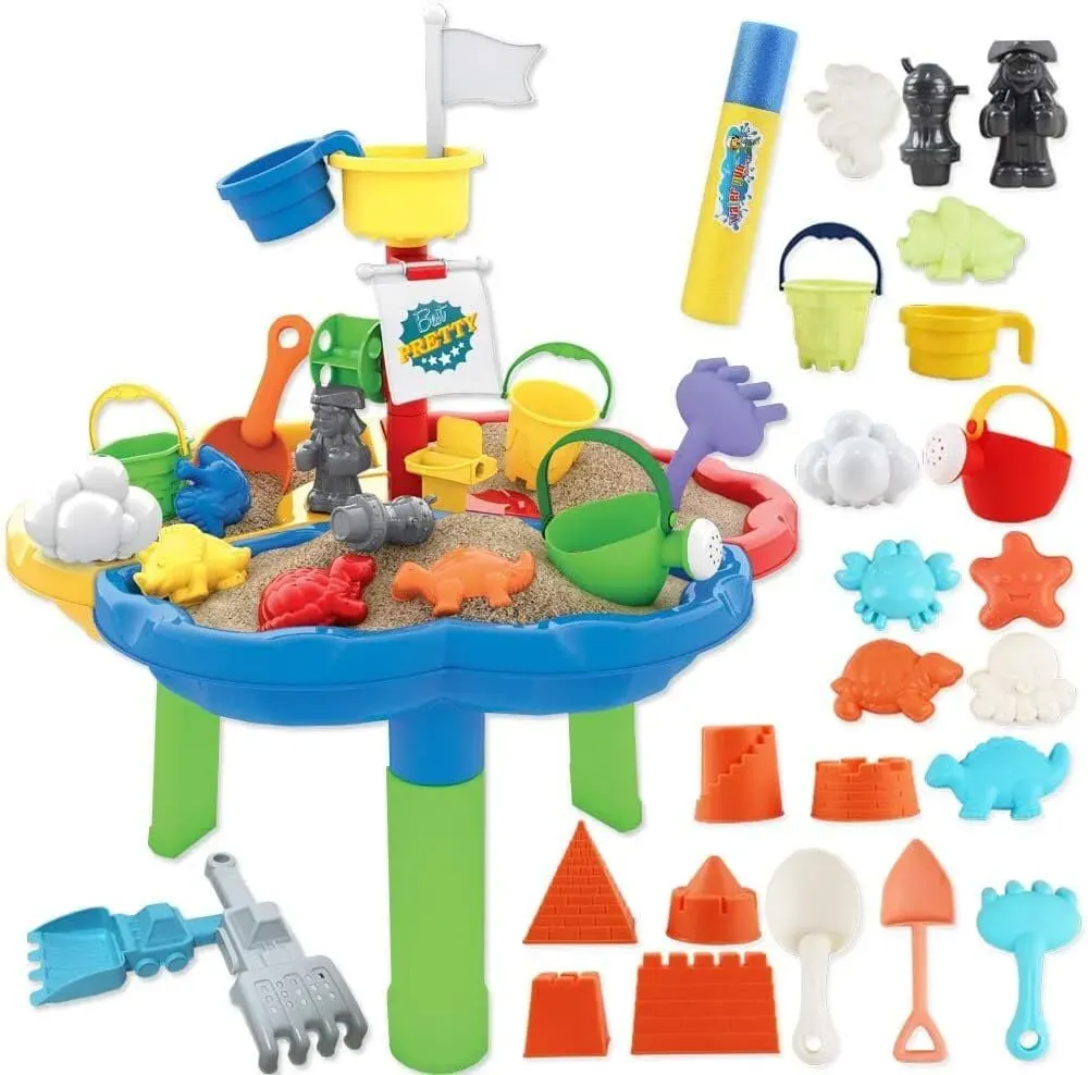 Set of  sand and water table with colorful outdoor materials.