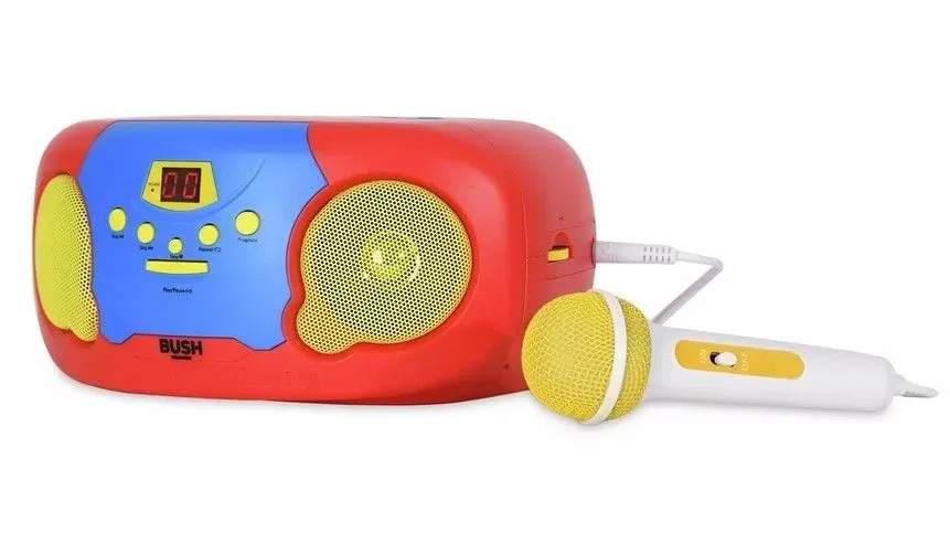 Colorful boombox with microphone perfect for music lover kids.