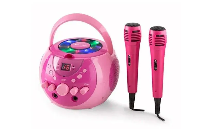 Gorgeous pink portable set karaoke system  with sparkly light fit for sassy kids.