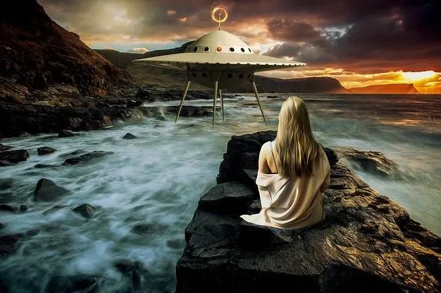 A girl looking at a spaceship landed on water