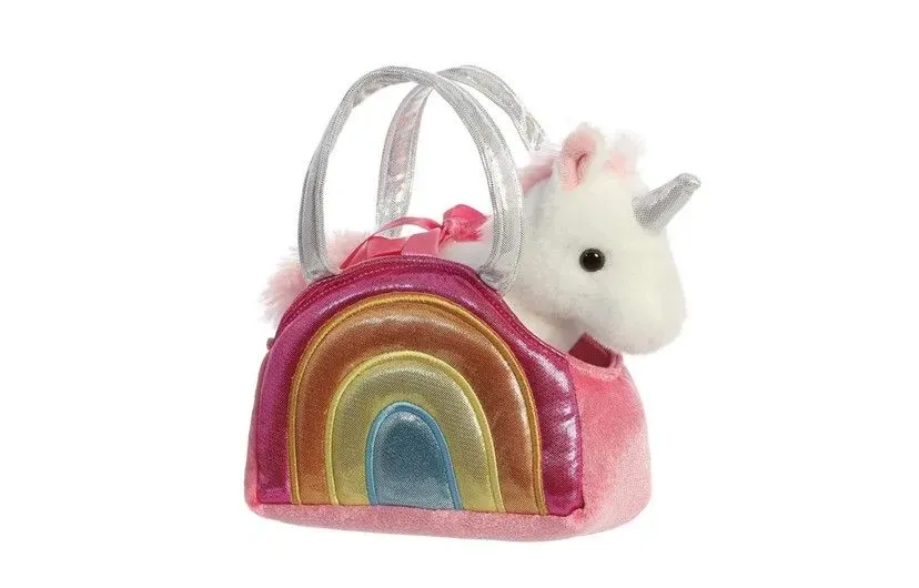 Beautiful fluffy unicorn in the pink and rainbow handbag.