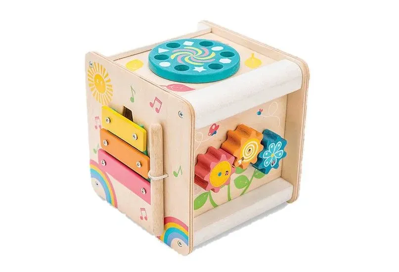 Durable, fun and educational wooden cube wit set of activities that helps stimulating senses and gives fun.