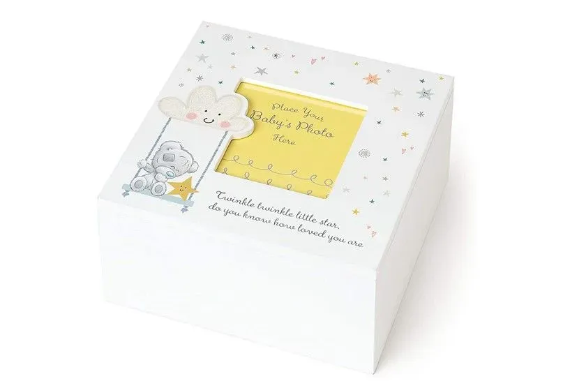 Elegant and clean white storage box with cute mini prints and tiny baby bear.