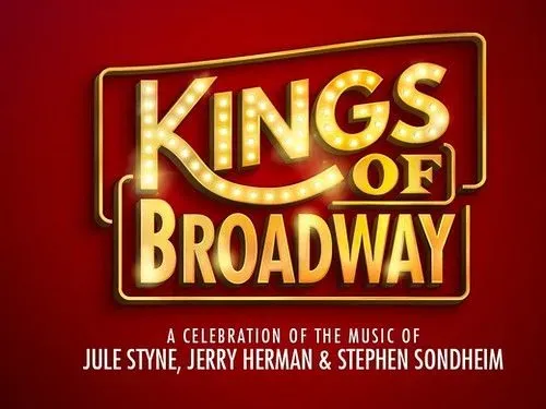 Gold lettering on a red background on the promotional poster for the show Kings of Broadway. 