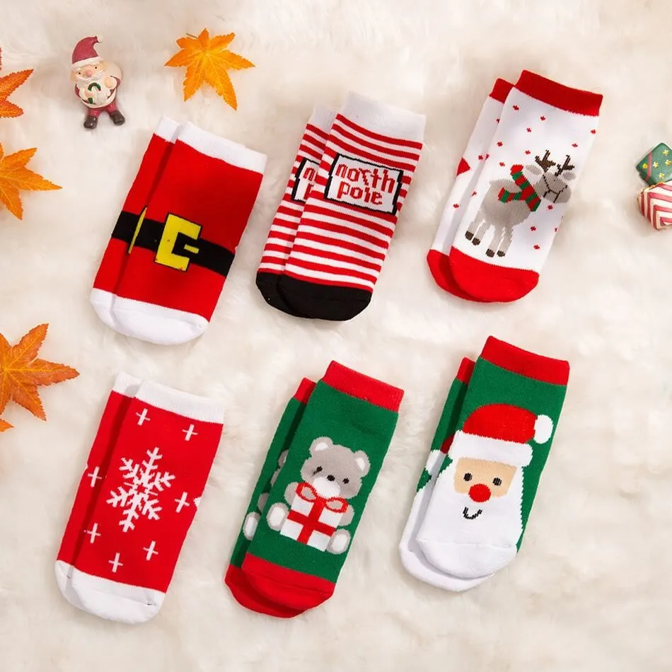 ZZBIQS 6 Pairs Santa Claus Cotton Winter Socks for Children Xmas Socks for Toddlers Unisex Cartoon Reindeer Snowman Snowflake Bear Pattern Socks for Kids 