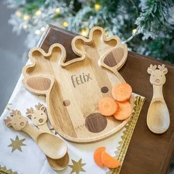 Personalised Reindeer Bamboo Christmas Plate Set 