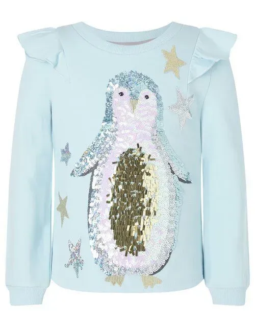 Monsoon Sequin Penguin Christmas Top In Blue Organic Cotton