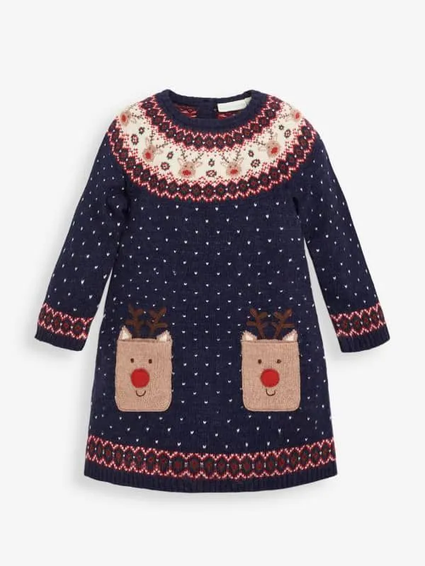 Children Kids Girls Christmas Xmas Santa Baubles Reindeer Knit Swing Mini Dress 
