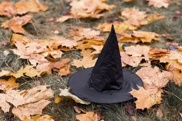 Witches fly on a broomstick and wear a black hat.