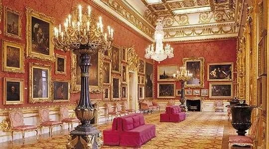 A view of the gold interior gallery room at Apsley House.