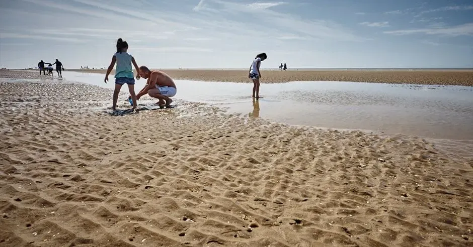 Children playing in the waves on the shore at Camber Sands.
