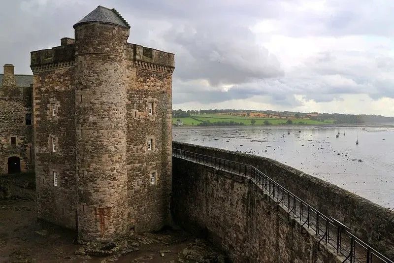Blackness Castle view from tower overlooking sea.