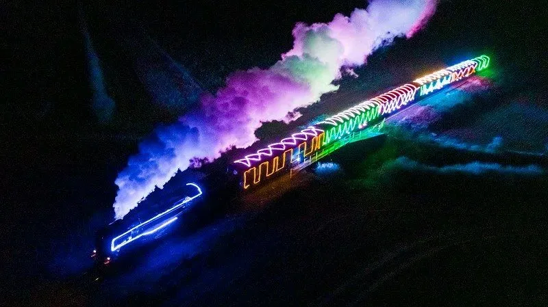 Bluebell Railway colourfully lit for Steam Lights.