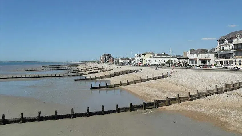A view of Bognor Regis Beach from the sea, with white beach houses along the front.