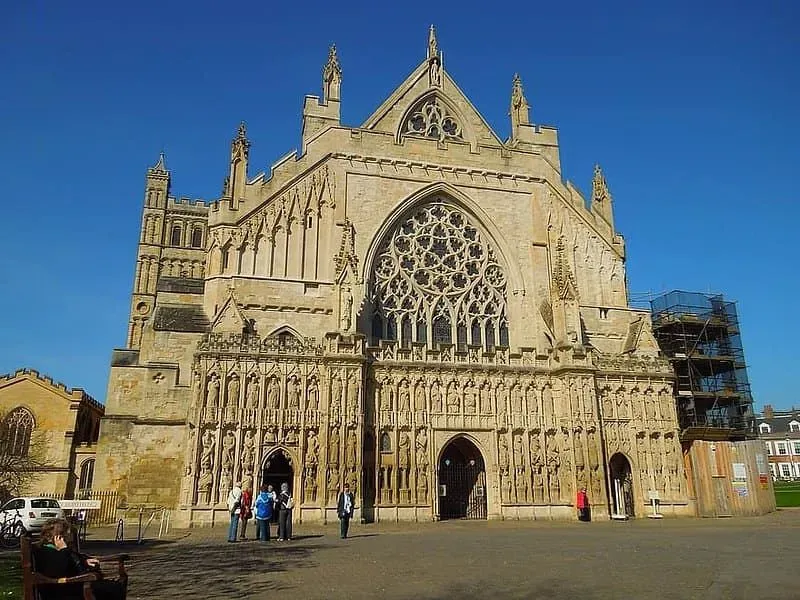 The exterior of Exeter Cathedral on a sunny day.