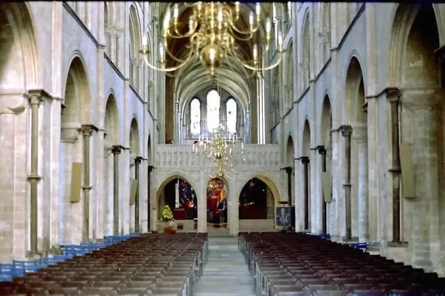 The pews and interior architecture of Chichester Cathedral.