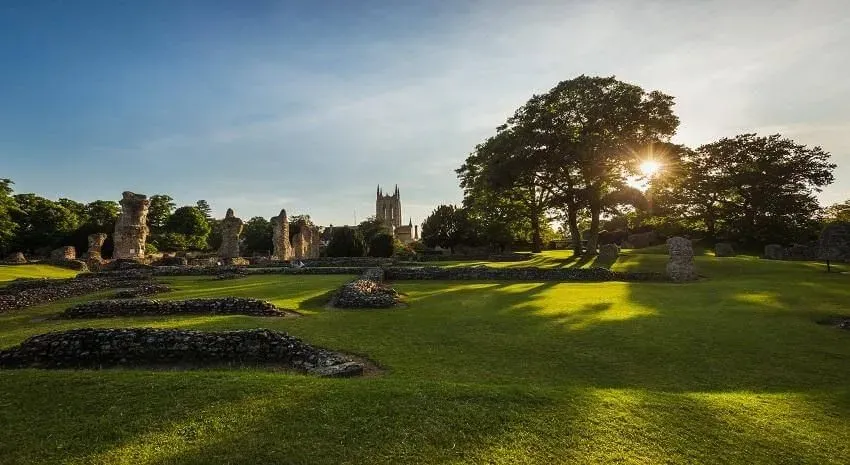 View of the Abbey and ruins with sun on the grass outside Abbey Gardens.