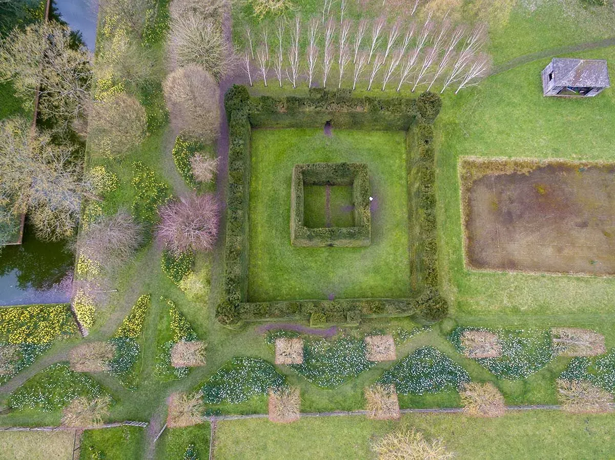 Bird's eye view of one of the formal green gardens at Kentwell Hall and Gardens.
