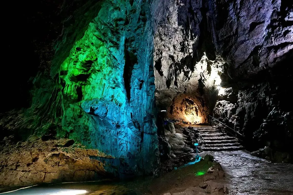 A view of the colourful lights on the rock at Wookey Hole Caves.