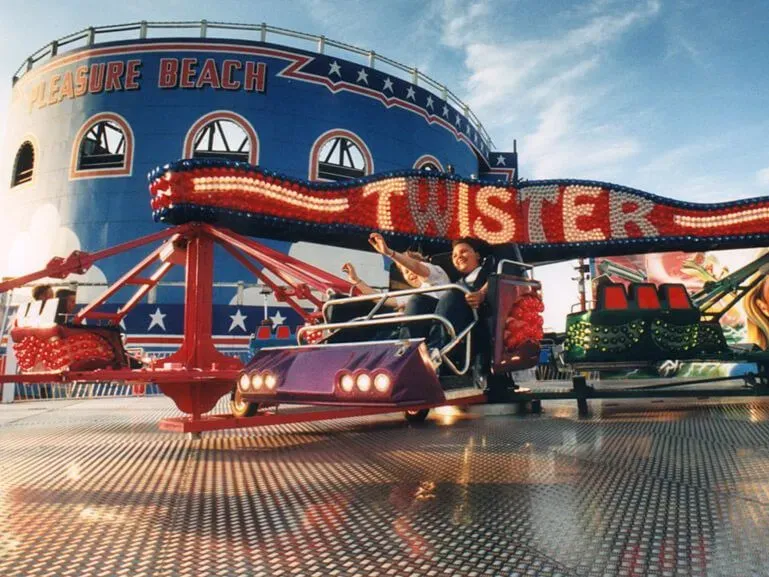 A view from the ground of the Twister ride at Great Yarmouth Pleasure Beach.