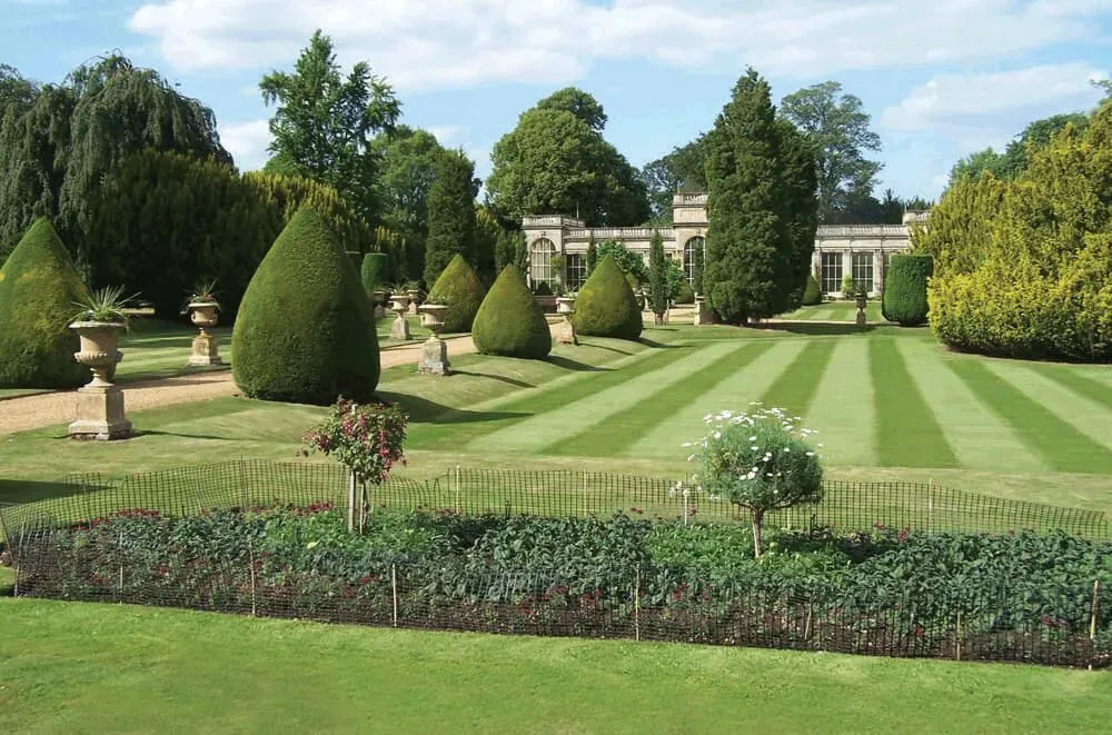 The Italian Gardens at Castle Ashby with topiary and a striped lawn.