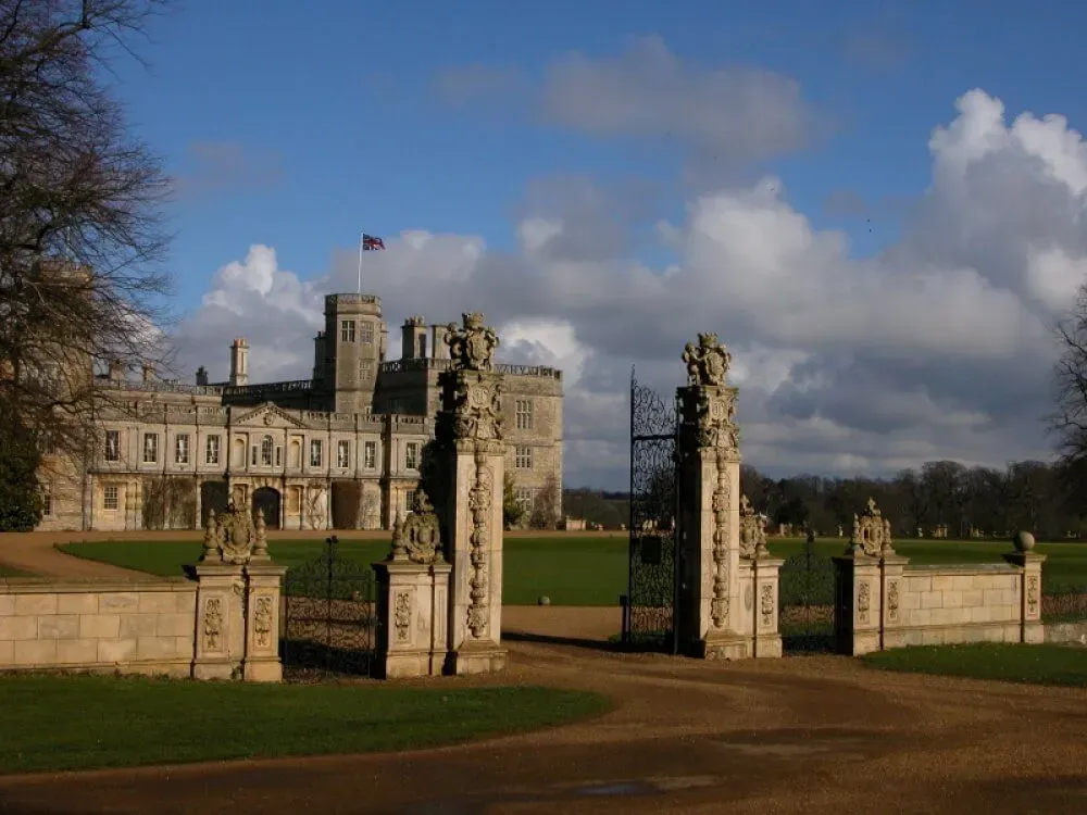 View of the house at Castle Ashby from outside the gates.