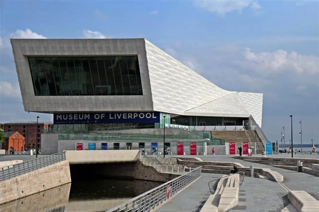 Outside view of the Museum of Liverpool against a blue sky.
