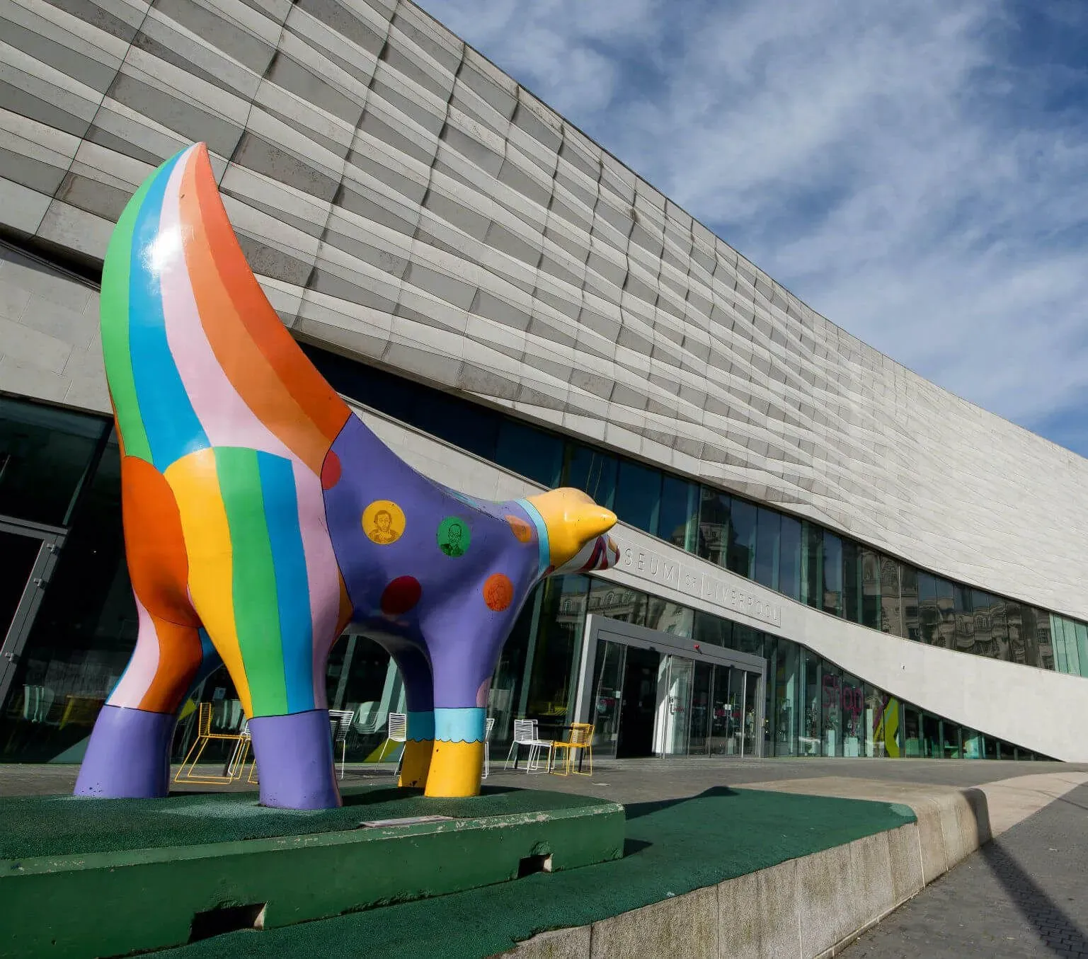 Rainbow animal statue outside the Museum of Liverpool.