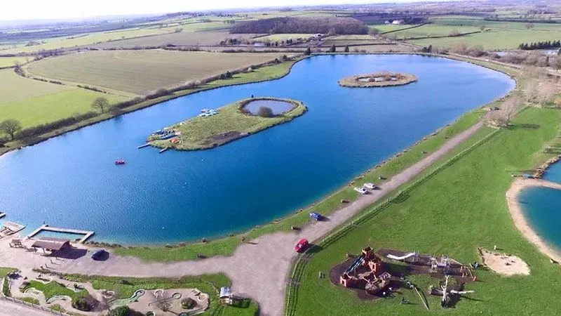 An overhead shot of the expansive lake at Bosworth Water Park.