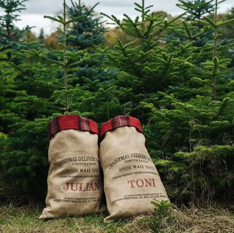 Two Santa sacks in front of a Christmas tree field at Magic of Foresters.