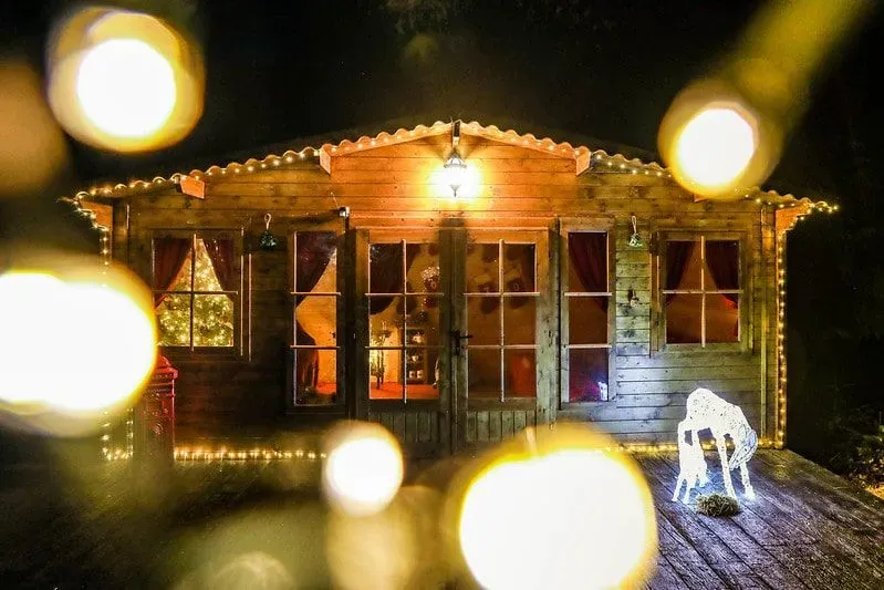 A wooden cabin at Magic of Foresters surrounded by twinkling Christmas lights.